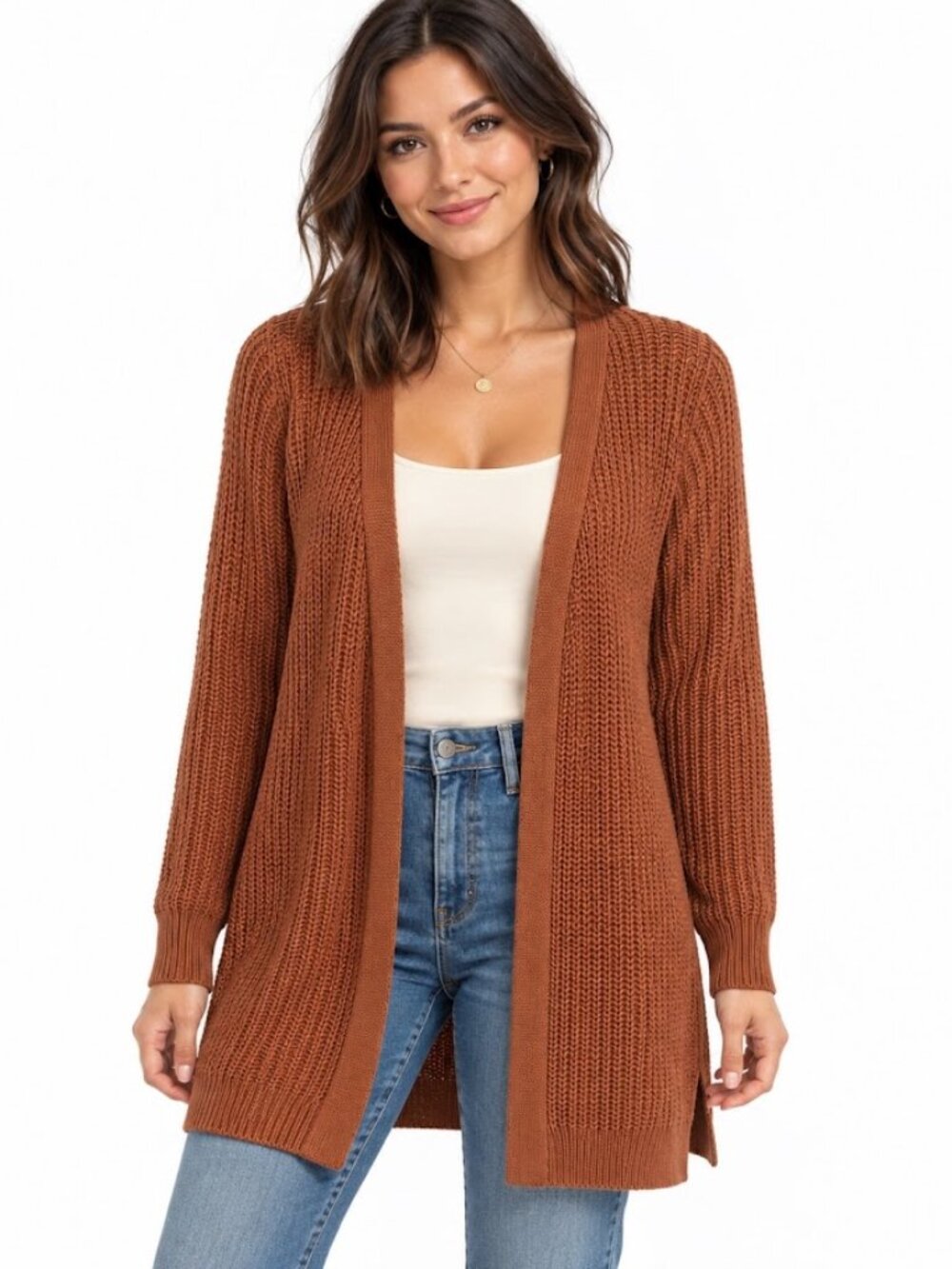 Pinque Rust Burnt Orange Lace Up Back Open Front Cardigan Sweater S